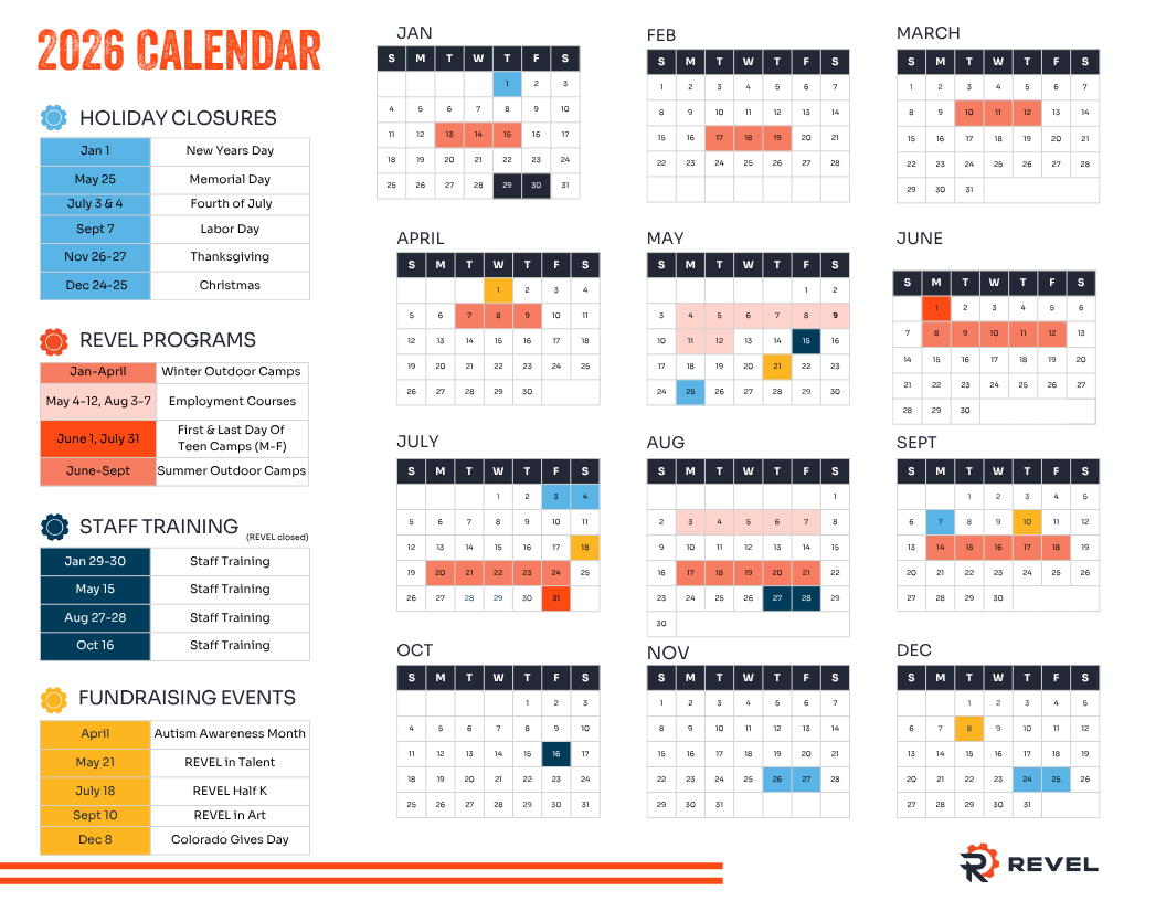 Infographic calendar for 2026 showing monthly mini-calendars with highlighted holidays, staff trainings, and fundraising events, plus left-side program sections and a REVEL logo.