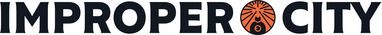 Improper City logo: bold dark wordmark with an orange circular emblem in the O.