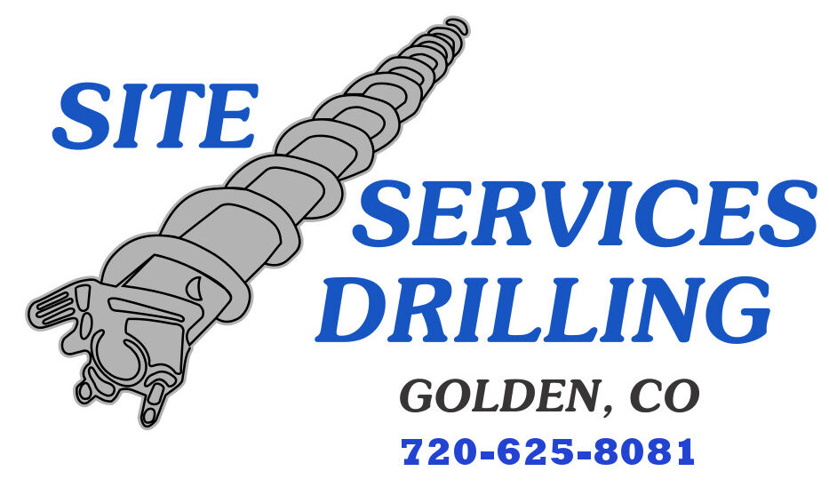 Logo for Site Services Drilling in Golden, CO, featuring a long gray drilling rod and bold blue text with phone number 720-625-8081 - oilfield services.
