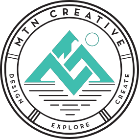 Circular MTN Creative logo with teal geometric mountains, a small circle, and horizon lines; edge reads 'Design Explore Create'.