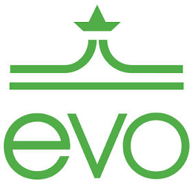 Green EVO logo with a crown-like emblem above the curved lines and the word evo in green